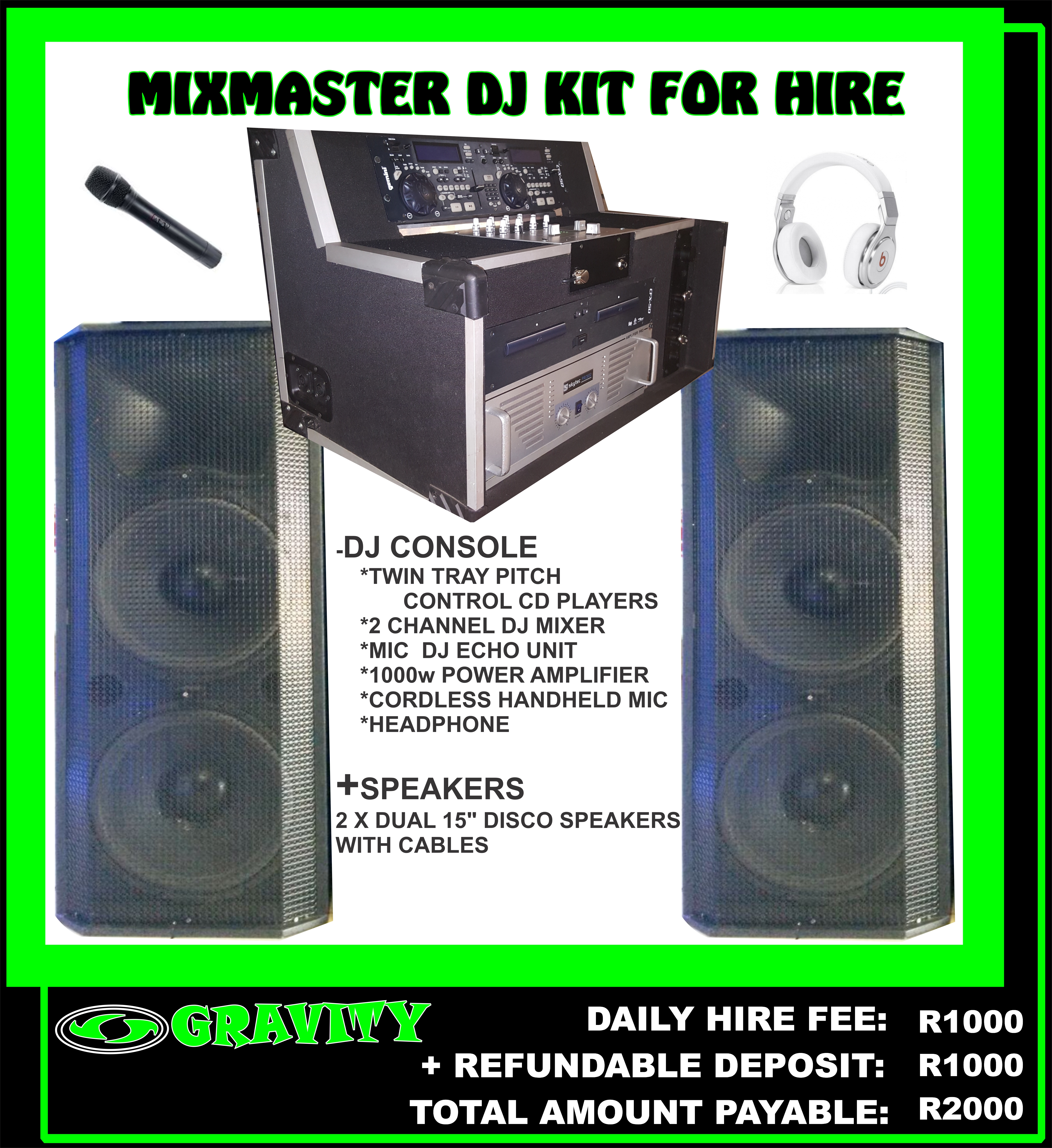 MIXMASTER DJ ENTERTAINMENT MIXING CONSOLE  -DUAL GEMINI TWIN TRAY CD PITCH CONTROL PLAYER  -2 CHANNEL DJ MIXER  -DJ MIC ECHO UNIT  -1000w POWER AMPLIFIER  -COMPLETE IN A DJ CONSOLE..PLUG & PLAY  includes : wireless mic and Dj headphone  + DUAL 15